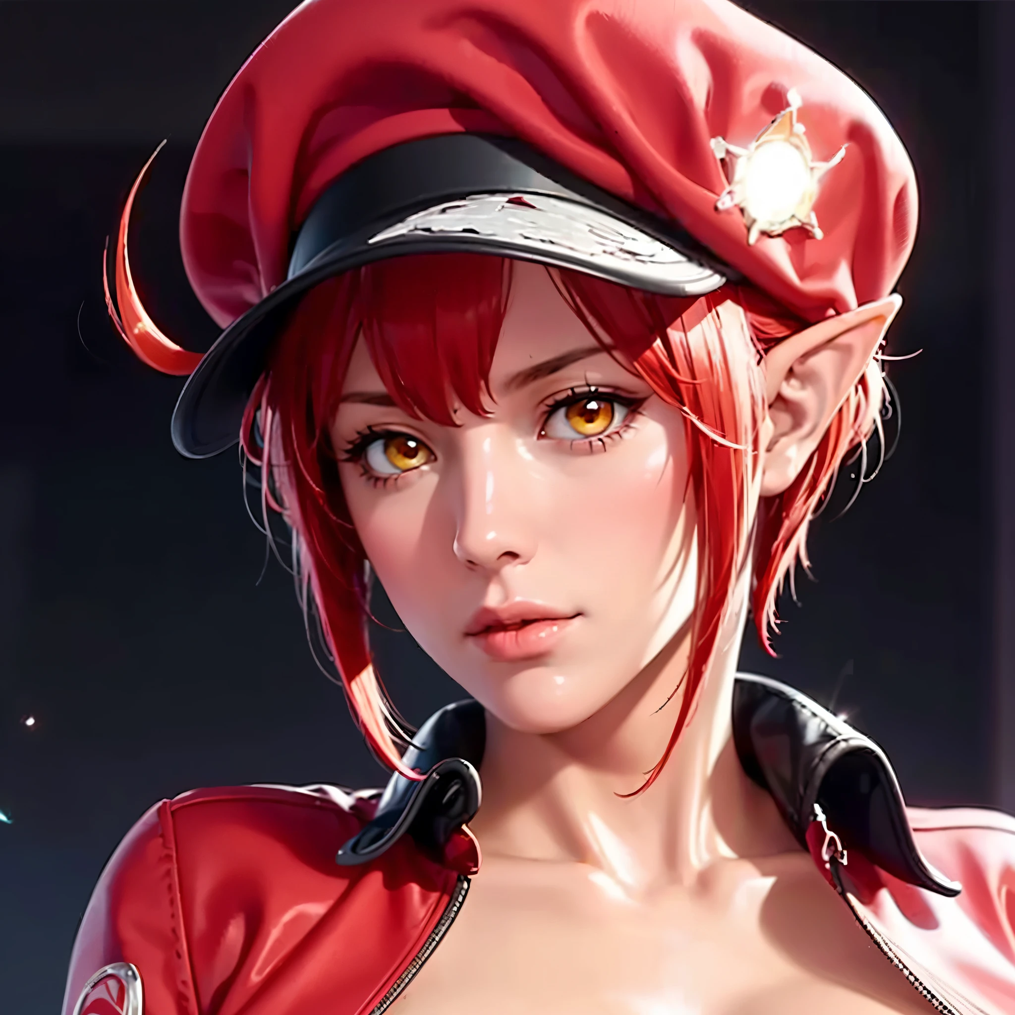 highres,best quality at best,masterpiece,quality,best quality,delicate facial features,look at the audience,there is light in the eyes,(masterpiece),(best quality),masterwork,semrealistic,realistic,mature female,wide hips,fair_skin,shiny_skin,tall,slender,(big breasts:1.3),red hair,hat,short hair,yellow eyes,ahoge,red headwear,red jacket,black shirt,denim shorts,white gloves,red belt,cropped jacket,(:d :1.4),running in glowing capillary channels,the screen contains floating oxygen/carbon dioxide bubbles,platelet incarnate transparent elf,vessel wall mosaic gradient ion crystal,heart outline halo in background,burgundy red and light blue purple color matching,combined with neon vascular lines and cytoplasmic halo effects,create a dynamic scene with both biological texture and fairy tale fantasy,