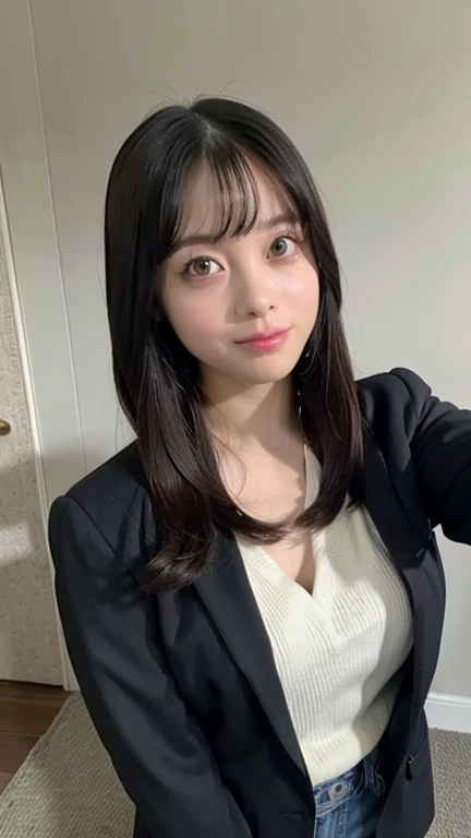 (RAW Photos, Highest quality), (Realistic, Photorealistic:1.3), Tabletop, Very delicate and beautiful, Soft Light, (Black Hair,Long Hair, Layered Cut), Beautiful detailed girl, (Accurate Fingers, Eye and facial details, Beautifully detailed nose, Beautiful attention to detail, 1 Girl, Japanese, Pure beauty, cute, young, Wearing a suit,Sit on a chair (Half Body:1.3), (Medium chest), Realistic face, Realistic body, (office)
