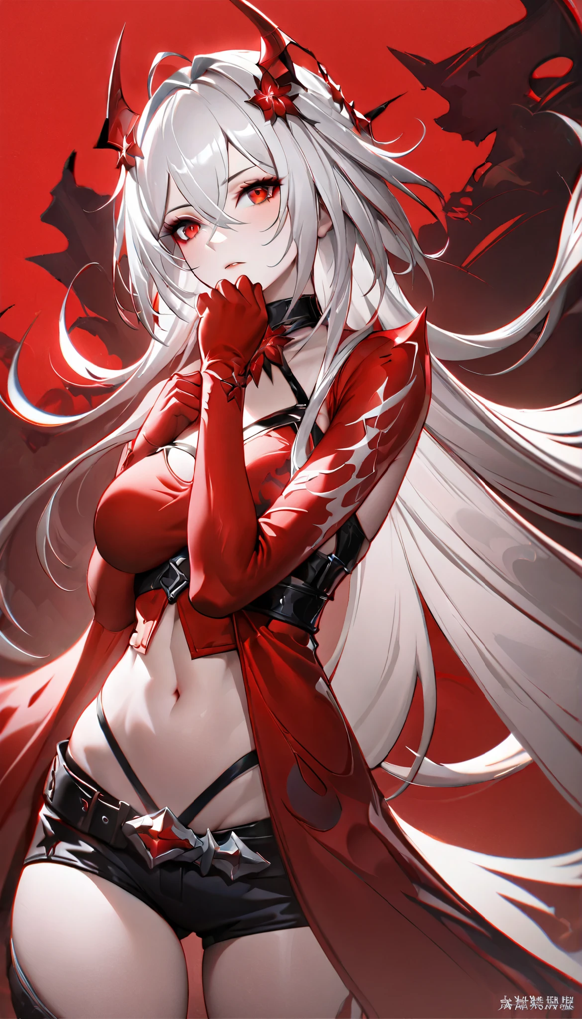 masterpiece, best quality, best light, best shadow, highly detailed,ultra detailed,YINYUE, female, solo, yinyue horns, clothes, 2d, face, sleeves, looking to the side, belt, from front position, hands up, red clothes, white hair, red eyes, red background, red thunder