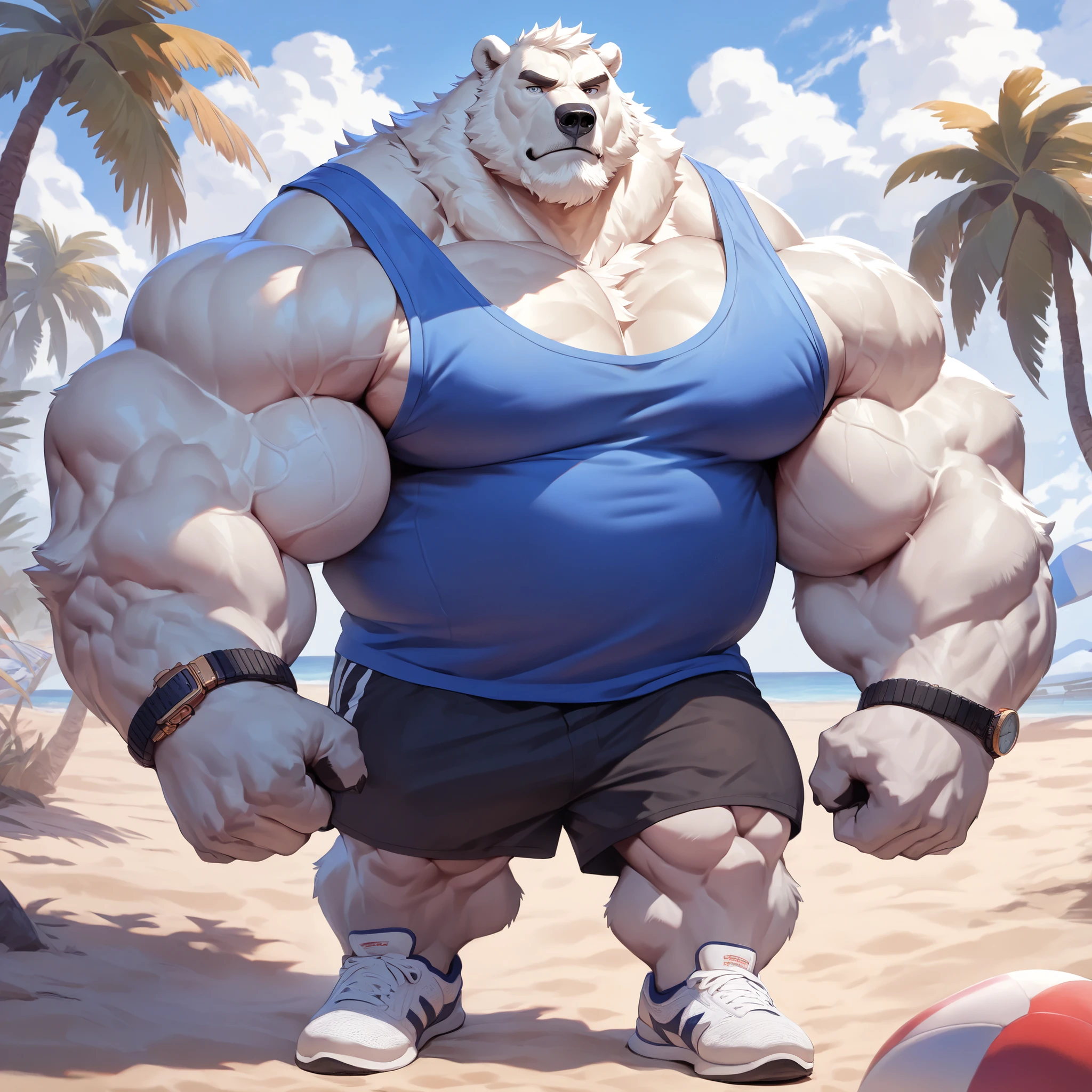 polar bear, old man, male, solo, huge muscular polar bear in Kayai beach, big feats flex, big grunting, polar bear, huge white fur, thick arm, huge arm, thick neck, detailed thick moustache and beard, Short white hair, (muscular, pectoral, wide pectoral, thick arms), height: 220cm (7’8), weight: 254kg (424lbs), beach, palm, realistic, masterpiece, eyebrows added, detailed eyes with pupils, (wearing black shorts, wristband, watch, blue tank top and white shoes), poses his body muscles