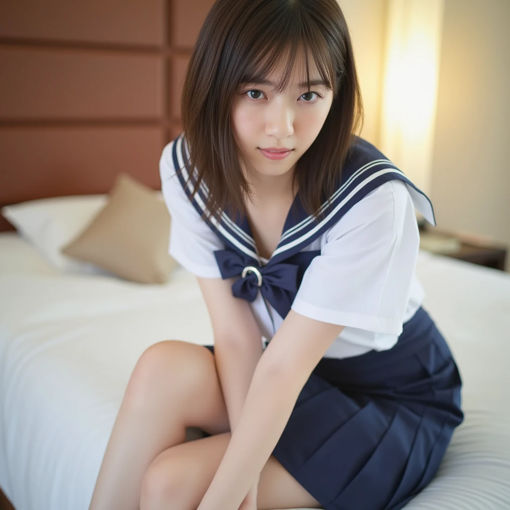 (masterpiece, best quality:1.2), 8k, official art, raw photo, incredibly absurdres, 1girl,15 years old,(loli:1.0),(small brests:1.2),(skinny:1.2),high school student,beautiful girl,(short ponytails:1.2),akb48,nogizaka46, 1girl, solo, looking at viewer, (smile:1.2), bangs,  black hair, sitting, ponytail,  sky, dildo, day, indoors,    window, bed, on bed, curtains, ,bedroom,dildo,sextoy,(serafuku:1.4), pov,
