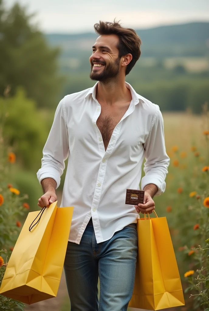 A smiling man with shopping bags in his hands leaving a store with only part of his abdomen up