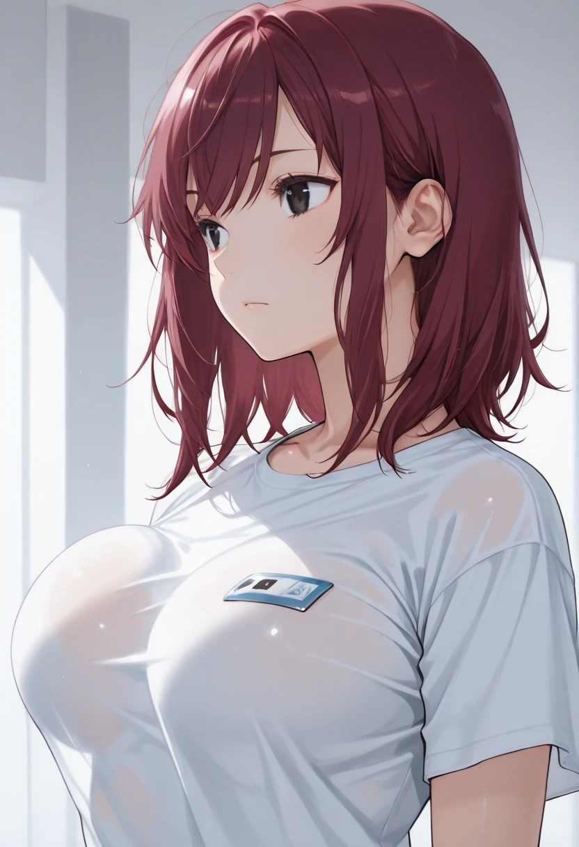 Solo, Delicate Face, Long Eyelashes, (Bob Hair), (Red Eye: 1.3), (Red Hair), Medium Cleavage, Tartan Check, Music Room, Top Angle, Uniform, Light Blue Underwear, Sweat, Thin, Open Mouth Wide, Tongue Out, White yogurt on Breast and Tongue, White Liquid All Over Chest and Tongue, Frontal Shot, Woman with Upper Eyes