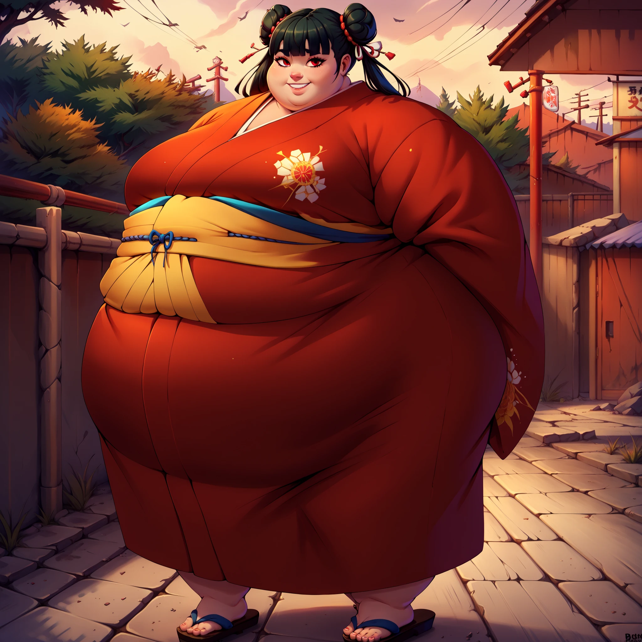 score_9, score_8_up, score_7_up, score_6_up, score_5_up, score_4_up, BREAK, source_anime,
1girl, black hair, blunt bangs, double bun, long hair, red eyes, twin tails, breasts
kimono, sandals, SSBBW, fat, 500 lbs.,
hands behind back, smile, full body, looking at viewer, solo, outdoors, wasteland