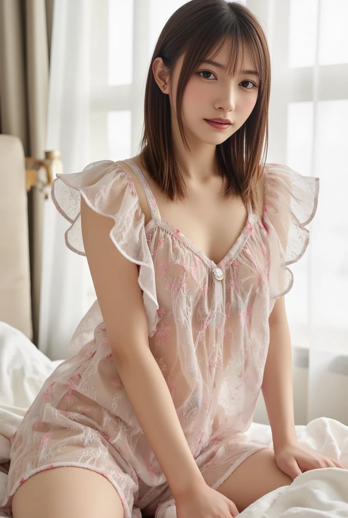 ((Pink lace short sleeve shirt、Please wear it with the chest open.:1.7))、((Small breasts:1.7))、(smile)、((Girly pose 1.8))、Hands in front、Hide your hands between your legs、