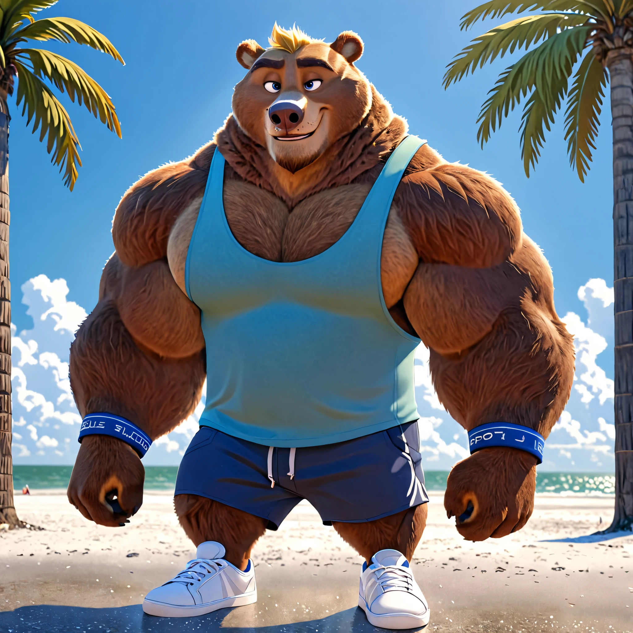 huge muscular Eurasian brown bear in St. Petersburg beach, big smirk, light Eurasian bear, huge light brown fur, thick arm, huge arm, golden mustache, short Golden hair and beard, (muscular, pectoral, wide pectoral, thick arms), Zootopia, 8k, masterpiece, detailed golden eyebrows, detailed eyes with blue pupils, (wearing dark blue shorts, wristbands, light blue tank top and white shoes), bouncing his pecs like a drum