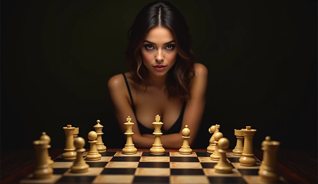 a picture of a woman winning chess game, a beautiful woman ((full body shot: 1.5)), ((anatomically correct: 1.5)) (ultra detailed face: 1.4), dynamic skin complexion, dynamic hair style, dynamic hair color, winning a chess game at chess tournament, she is dressed in elegant dress, intricate dress, dynamic color dress, dynamic style dress, wearing high heels, a look of satisfaction, a look of victory, a look of overcoming great obstacle, chess tournament background,  vibrant, Ultra-high resolution, High Contrast, (masterpiece:1.5), highest quality, Best aesthetics), best details, best quality, highres, 16k, [ultra detailed], masterpiece, best quality, (extremely detailed), Cinematic Hollywood Film style