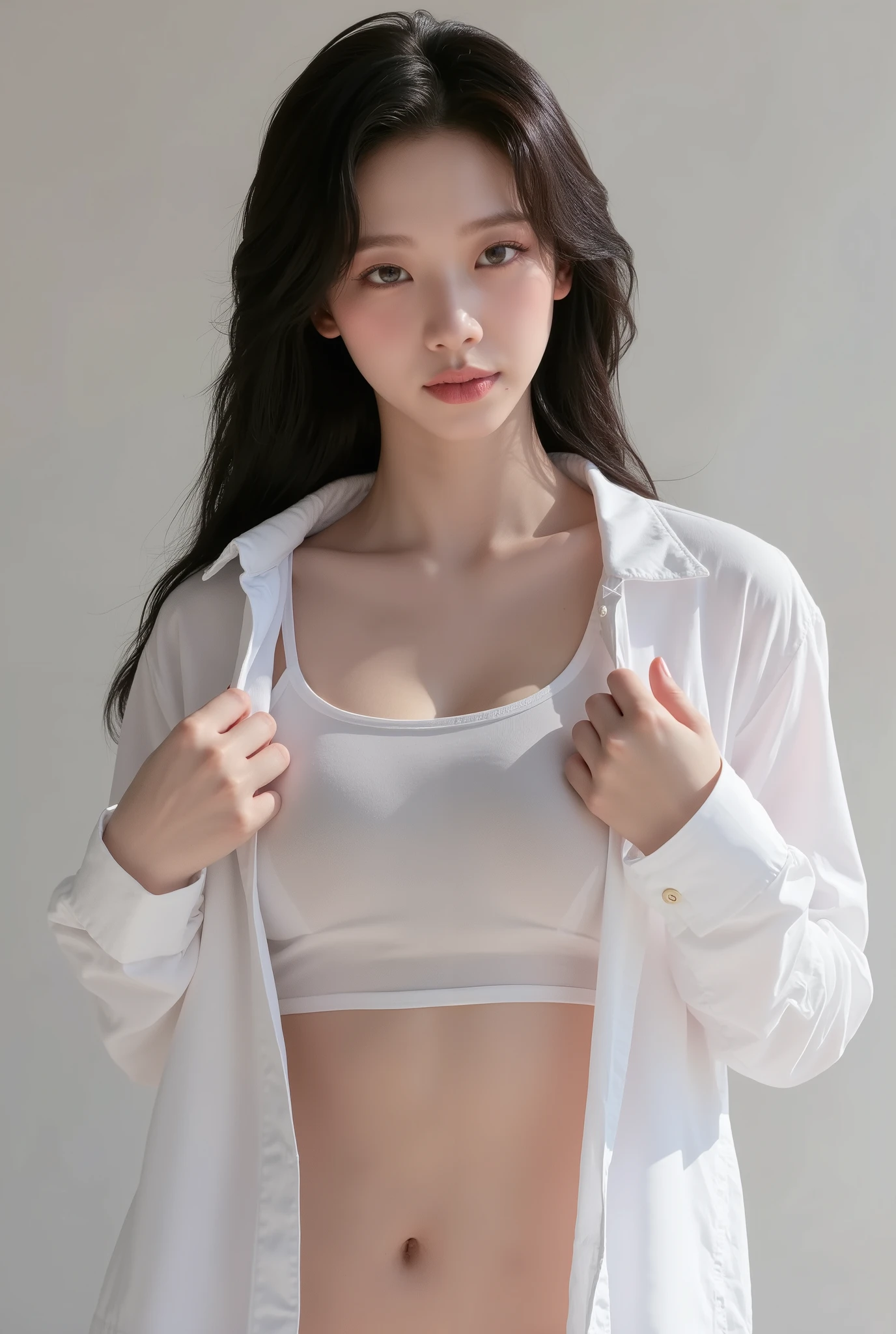 Korean woman, huge breast, pulling shirt up,  dropping out