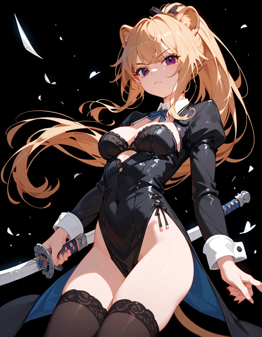 1girl,Sexy pretty girl,shiny gold platinum blonde hair, Bobcut,curly hair、Dog ears、Red sparkling eyes、detailed cute eyes,(glowing eyes:1.4),laugh heartily,((Droopy eyes)),small breasts,(ninja:1.2),(fishnet-bodysuit:1.3), bare shoulders, detached sleeves, cleavage,thighhighs,ponytail, black hair,(red ribbon:1.2),(ninja sword:1.3) see-through