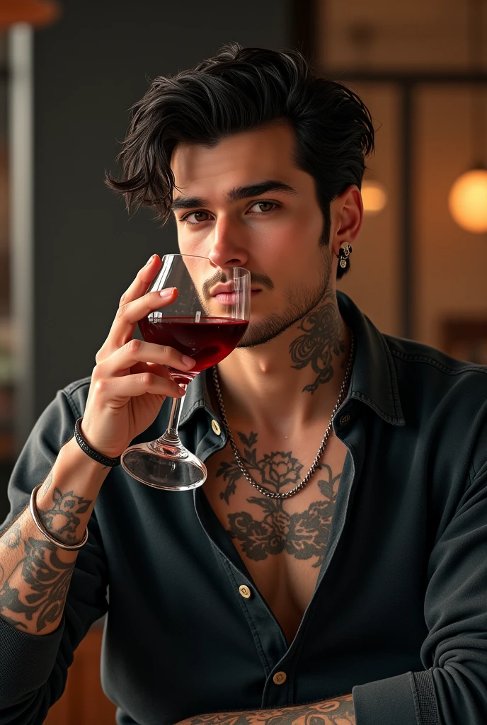 Sexy young man Rude gangster with black hair shaved on the sides with braids brown eyes thick lips athletic body masculine energy and sexy defined chin trimmed beard colored tattoo marked biceps wearing black colored man Muslim style lying on a bed without boxers and with a glass of wine in his hand