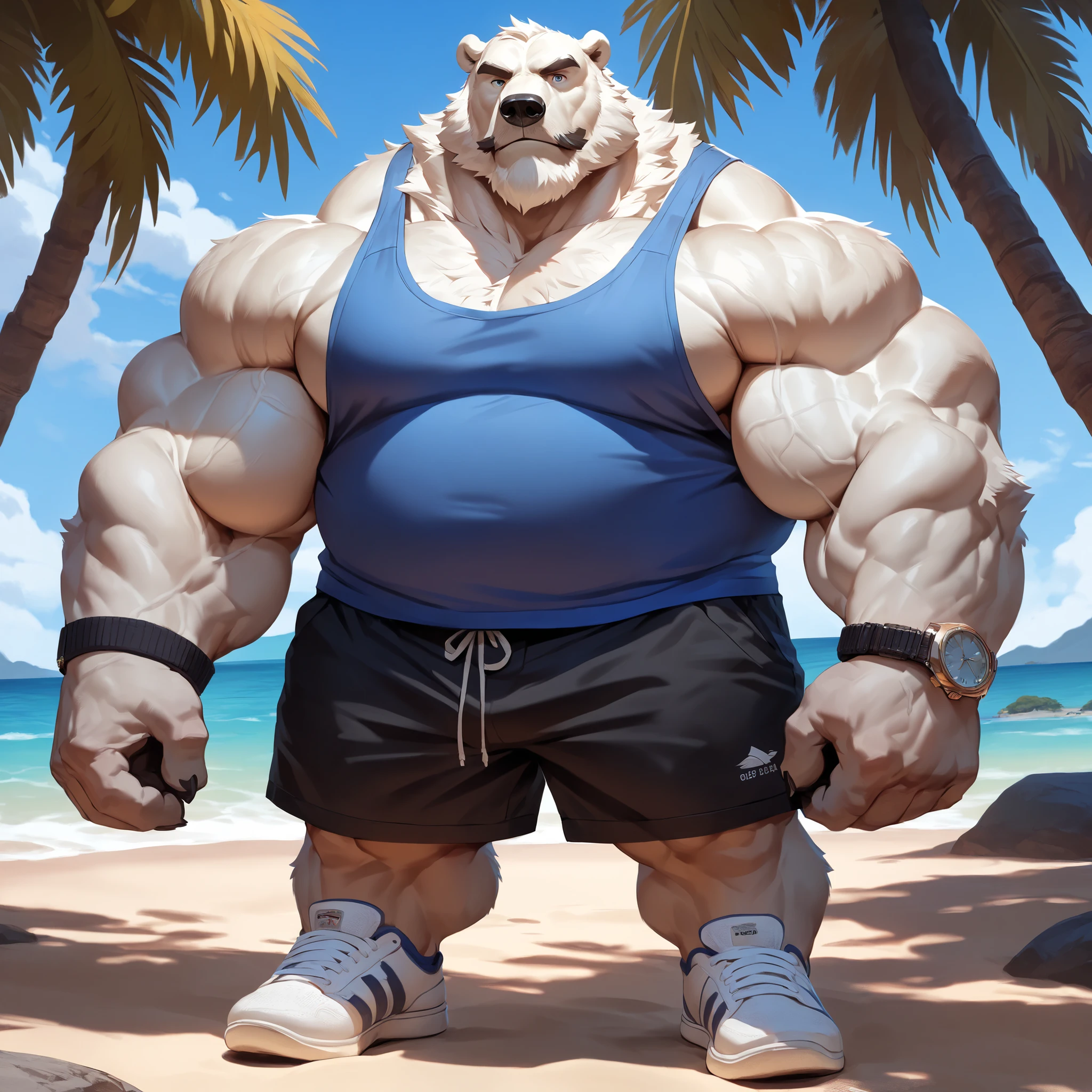 polar bear, old man, male, solo, huge muscular polar bear in Kayai beach, big feats flex, big grunting, polar bear, huge white fur, thick arm, huge arm, thick neck, detailed thick moustache and beard, Short white hair, (muscular, pectoral, wide pectoral, thick arms), height: 220cm (7’8), weight: 254kg (424lbs), beach, palm, realistic, masterpiece, eyebrows added, added eyes with pupils, (wearing black shorts, wristband, watch, blue tank top and white shoes), poses his body muscles