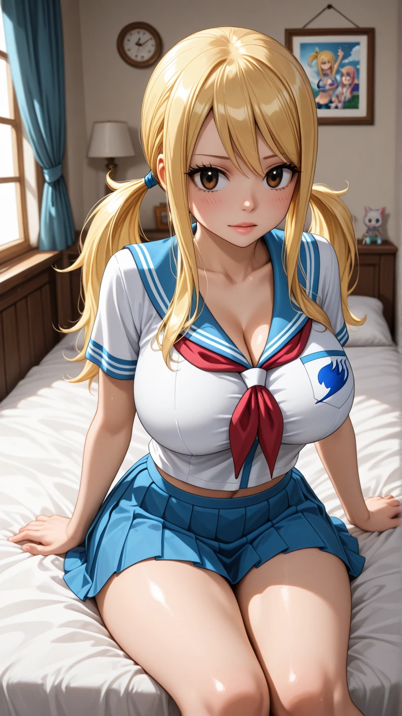 1 girl,highest quality,Super high quality,highest quality,anime characters,beautiful eyes,Detailed contours,big breasts,spread your legs,sweat all over,blonde,beautiful big breasts,Exposed shoulders,Full view of pussy,smile,spread your legs,white mini skirt,Underboob is fully visible,angle from below,I can see your belly button,on the bed,Y-shirt,touching my pussy,is beautiful,open your mouth,Don't show your nipples,A large amount of semen is overflowing from the pussy,
