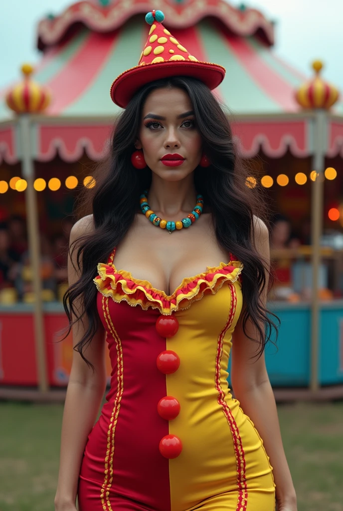 (1 woman) (((solo))) ((Anne Hathaway:Selena gomez:0.7))), very beautiful, charming face,, delightful smile, seductive smile, wearing a red crop top with Heart Printed, and a white mini skirt, thick thighs, broad shoulders, deep cliveage, big round breasts:1.4, standing outside a street vendor ((fruit vendor)), looking away ((away from camera)) shot with canon 55mm lens, f/1.8, uhd, hyper detailed, hyper realistic, uhd, professional hands and legs, beautiful eyes, indian makeup