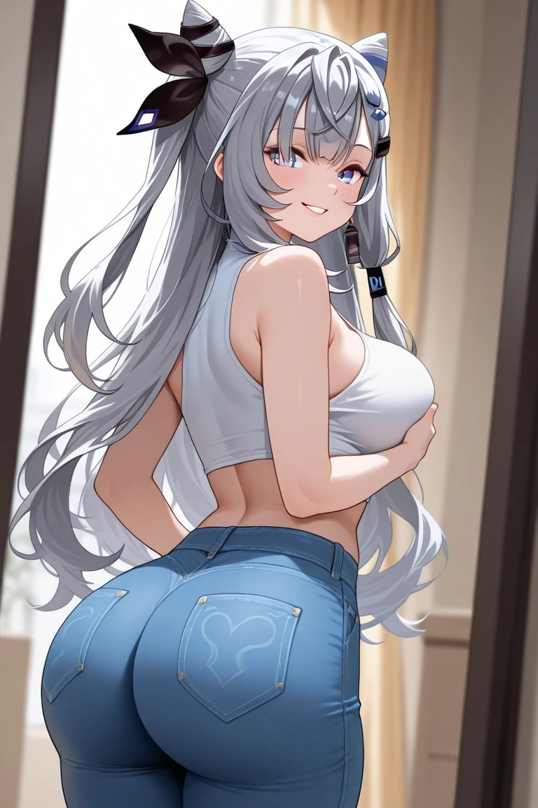 masterpiece, ultra-detailed hair, better lights, better shadows,1girl, yukino, breasts, skirt, silver hair, solo, long hair, large breasts, blue eyes, braid, ass, looking at viewer, braided ponytail, hair ornament, sleeveless, hair flower, black skirt, shirt, indoors, flower, looking back, bangs, bare shoulders, pencil skirt, from behind, window, thighs, mole under eye, sleeveless shirt, mole, white shirt, blush, bare arms, office lady, very long hair, plant, contemporary, parted lips, miniskirt, single braid, closed mouth, purple flower, pantylines, ribbed shirt,