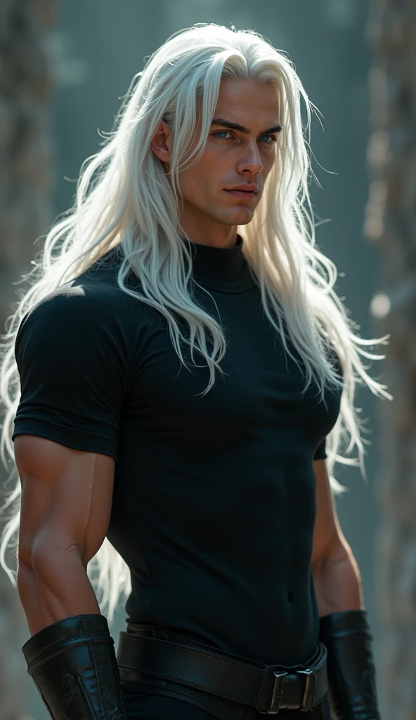 young handsome man with long white hair that reaches his shoulders with his yellow eyes and his arms have dragon scales