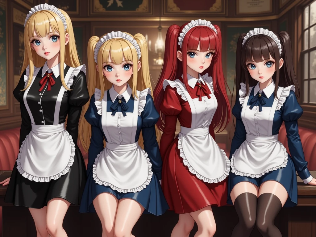 Detailed multicolored proportions and textures with spray and airbrush, presenting a semi-realistic illustration featuringreal real photo, 4 waitresses (one blonde, one black, one red, and one brunette) dressed in black or dark blue, one-piece fine fabric in the style of a cafe waitress "maid" uniform, where black and white tones predominate, mixed with bright colors (full body, with a confident and Kawaii posture, playful gaze, bright blue eyes, defined eyebrows, long eyelashes, perfect face, full lips, huge round breasts, flat stomach, wide hips, slim waist, thick thighs), Her long, straight hair (one blonde, one red, one brunette, and one black) is tied back in two ponytails that fall over her shoulders on either side of her head. Her uniform consists of a long, black or dark blue one-piece dress paired with a white, ruffled apron, a white, ruffled Katyusha sash, and matching socks. The dresses are beautifully crafted and decorated. In the background, an elaborate "maid" cafe creates an atmosphere of mystery. The scene shows four full-length waitresses with a "kawaii" attitude. The overall composition of the image is a sharp and high-quality masterpiece. very balanced saturation across very defined color palettes (Color with intense monochromatic shaded tones and brightness, red hue 25% + yellow 25% + blue 25% + biofluorescent 12.5% + transparencies 12.5%. Aesthetic fusion by (Fibonacci ratio. A realistic cosplay of a young harley quinn. of a young harley quinn (Includes a variety of pink skin and dark beige tones that give it contrast and brightness) type of character. Fluid texture that gives the sensation of movement to the leafy style that molds to the figure (her clothing with relief and folds gives volume and depth to the character). Haute couture photoshoot (high quality full body). Highly detailed and sharp soft focus, approaching perfection, Full HD 8K. High and low angles. by Coco Chanel, Gianni Versace, Greg Rutkowsk fusion of artistic styles