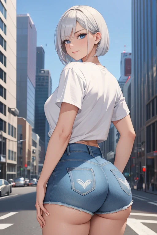 A woman with silvery bob hair and blue eyes, White T-shirt, Shorts, Hot denim pants, Cheeky Smile, Condescending look, Gazing at the viewer, Highly detailed and realistic, masterpiece quality, Very detailed, High resolution, Vibrant colors, Physically Based Rendering, (Muscular), (Thick thighs:1.3, Big Ass:1.3),in the rain, night, In the city, High-definition background