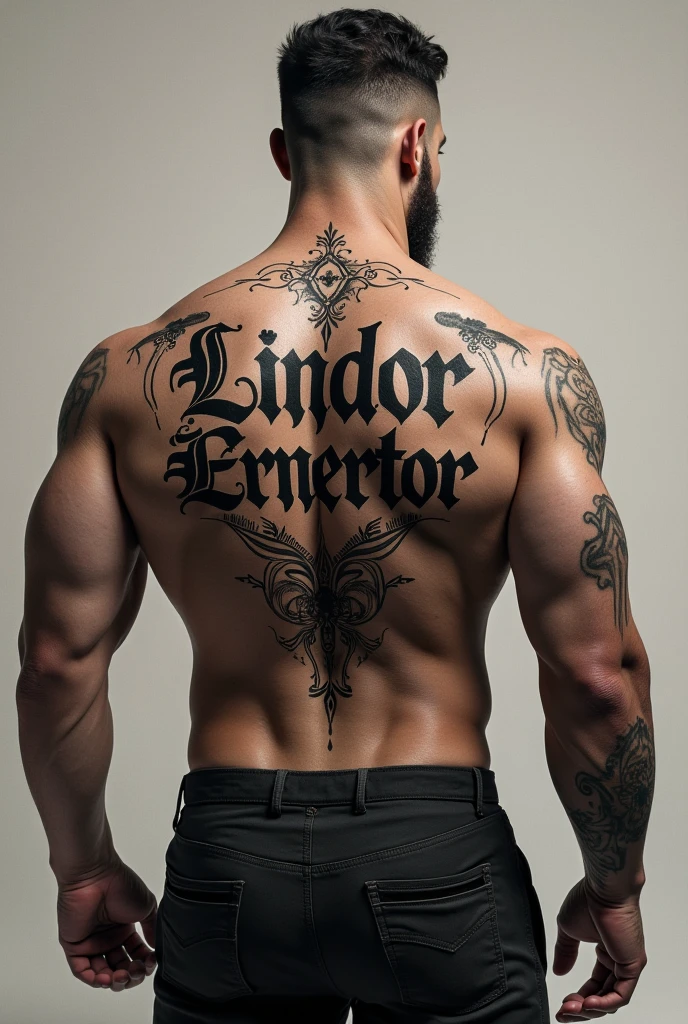 I want you to generate an image of a chest tattoo, that reflects determination and strength in dark lettering style
