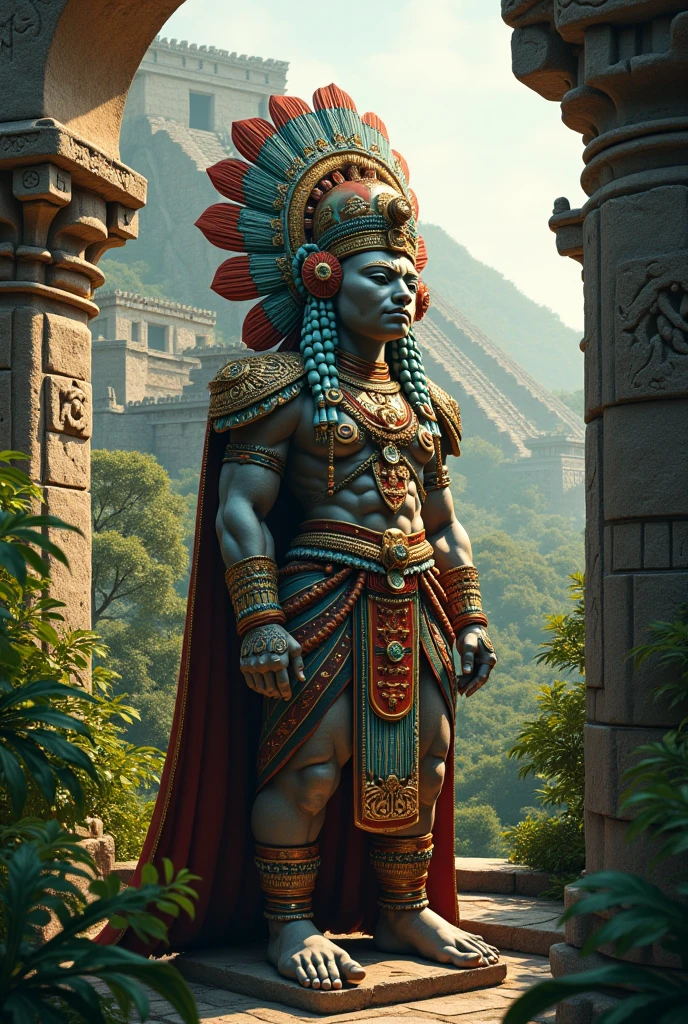 Make the Aztec God Huitzilopochtli and Tlaloc represented as Titans of enormous promotions walking over Tenochtitlan, ultra detail, 4k, how to photograph, real representation