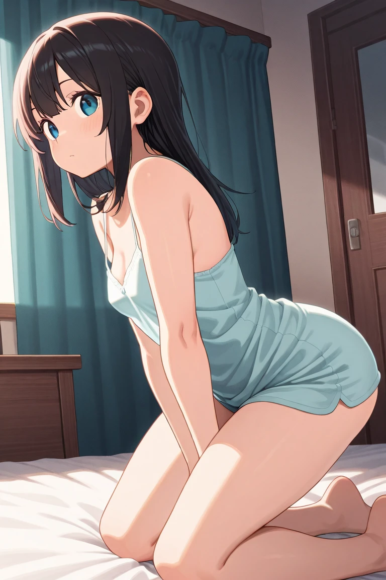 ((Realistic lighting、top-quality、8K、masterpiece:1.1))、Clear focus:1.2、1girl in diaper、full body, kneeling, long hair, black hair, bangs, , naked, blushing, embarrassed, shy, diaper, blue diaper, puffy diaper, baby diaper, ABDL, detailed background, nursery, baby nursery