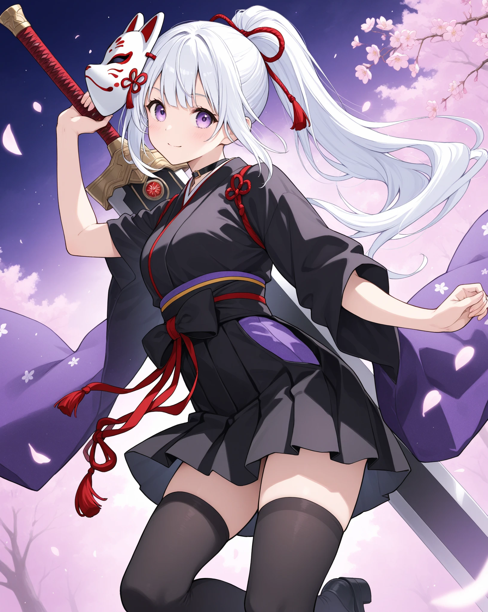 masutepiece, hight resolution, Best Quality, 1girl solo, Smile, Kimono, White hair, Purple Highlights, Ponytail、Japan holding a sword、Hold the sword、holding a Japanese sword、Night