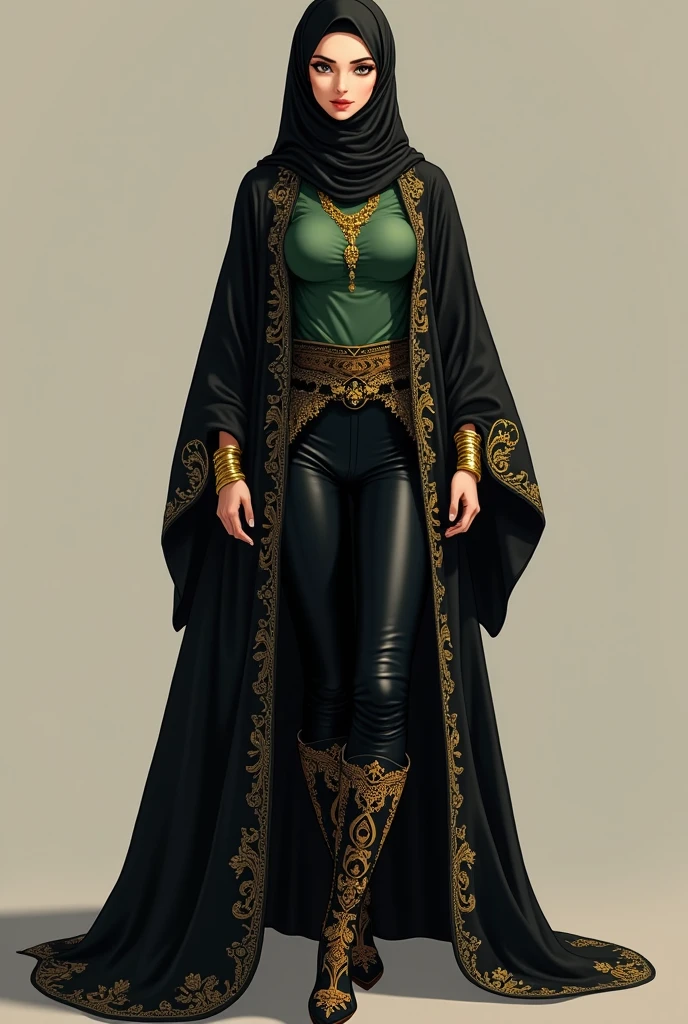 A stunning anime woman in her 40s with  and hot and  body with thick thighs is dressed in a long black traditional abaya adorned with intricate golden embroidery. Underneath, she wears a printed green T-shirt paired with sleek black latex pants. Her head is fully covered with an Iraqi-style hijab, adding a touch of cultural elegance. She completes her bold look with golden bangles, a matching necklace, and eye-catching printed heeled knee-high boots. Her gaze is locked on the camera, radiating intensity and confidence.