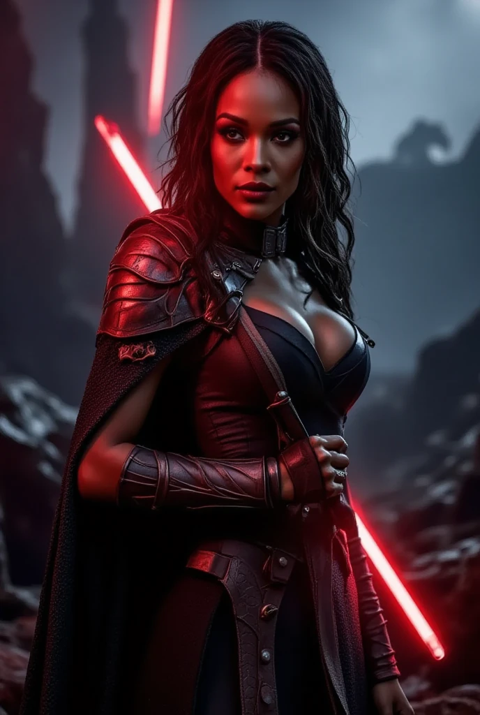 (masterpiece:1.2, best quality:1.2, beautiful, high quality, highres:1.1, aesthetic), detailed, extremely detailed, ambient soft lighting, 4K, perfect eyes, angular face, sharp features, large nose, perfect lighting, 1girl, action scene, lightsaber fighting, lasers, explosions, fire, motion lines, depth of field, masterpiece, best quality, high-definition, armor, busty, ((red skin), twi'lek), dual red lightsabers, evil space knight, space ninja, (wearing black robes, black stealth armor, breastplate, tunic, tabard, cowl, cloak, body glove, straps, buckles, skirts, long sleeves, fantasy, ((armor))), ((busty), slender body, thin, slim sexy body, slim waist, (((huge breasts, gigantic breasts)))), Imperial starship, Star Wars,