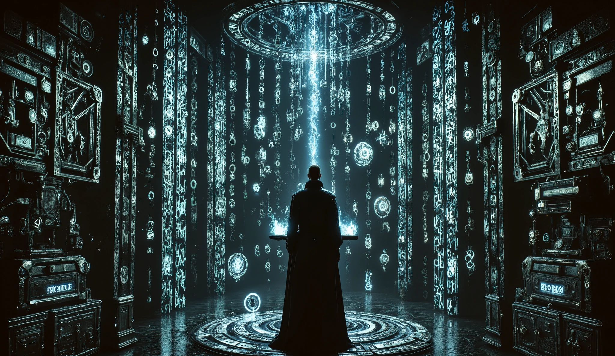 Cyber-fantasy sorcerer activating magical protocol with a floating tablet, binary code flowing from his hands, arcane holograms spinning mid-air, enchanted machinery pulsating around him, lightning bolts casting shadows through gothic glasswork, digital art in ultra high quality, by Greg Rutkowski, mystical realism.