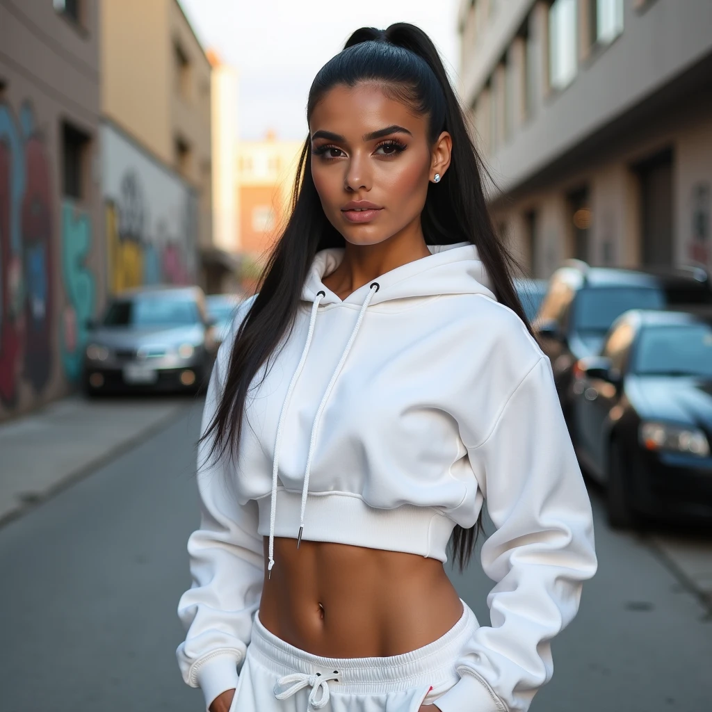 realistic, (((hyperrealism))), (((photorealism!))), ultra detailed, intricate, 64k, UHD, absurdres, (((ultra-detailed city sidewalk setting background!))), ((dramatic shadows)), ((raytracing)), ((dark cinematic lighting)), ((glamour shoot)), ((centerfold pinup)), BREAK (((very sexy young woman))), (detailed face and beautiful eyes), ((large expressive eyes)), ((perfect lips)), ((seductive!)), ((parted lips)), ((high gloss lipstick)), ((sexy makeup)), natural skin!, (pale skin!), (subsurface scatter), BREAK (((detailed very long hair!))), (((elegant wavy hair))), BREAK ((ultra detailed sweatshirt!)), (((very large full breasts!)))+, ((lifting hoodie to flash viewer)), (((underboob!)))+, BREAK ((narrow waist)), ((wide hips)), ((erotic!)), ((flexing abs)), ((baggy pants)), BREAK the young women is standing on a street corner, she has been flirting with you and has lifted her shirt to show off her abs and underboob