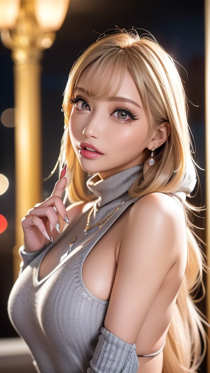 ((Highest quality、8K、masterpiece、Realistic live action:1.3))、Sharpness:1.2、Perfect body beauty:1.4、Slim Abs:1.2、((Mesh Hair Color、Big Breasts:1.2))、(Black Mini Dress:1.1)、(Night view、City:1.2)、Highly detailed face and skin texture、Fine particles、double eyelid、looking at the camera、((Beautiful Skin))Fashion Model、Moisturizing Skin、Shiny, beautiful skin, lip-syncing lips、Realistic live action、False eyelashes、Nail nails、