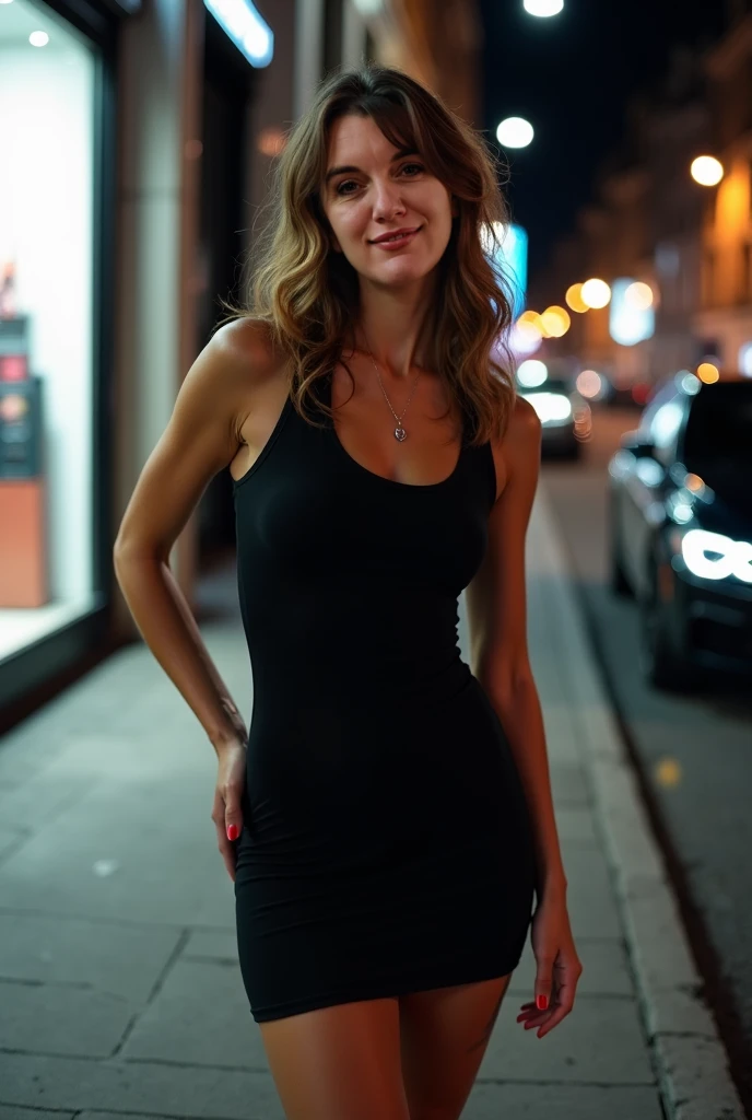 a photo of 50 years old, woman, perfect body, danish, black night dress, blue eyes, busty, shoulder-length hair, street, blonde, complex background, cinematic bar tables on the street, filmic, people drinking around, Canon 5D, photography, film, running towards the camera,