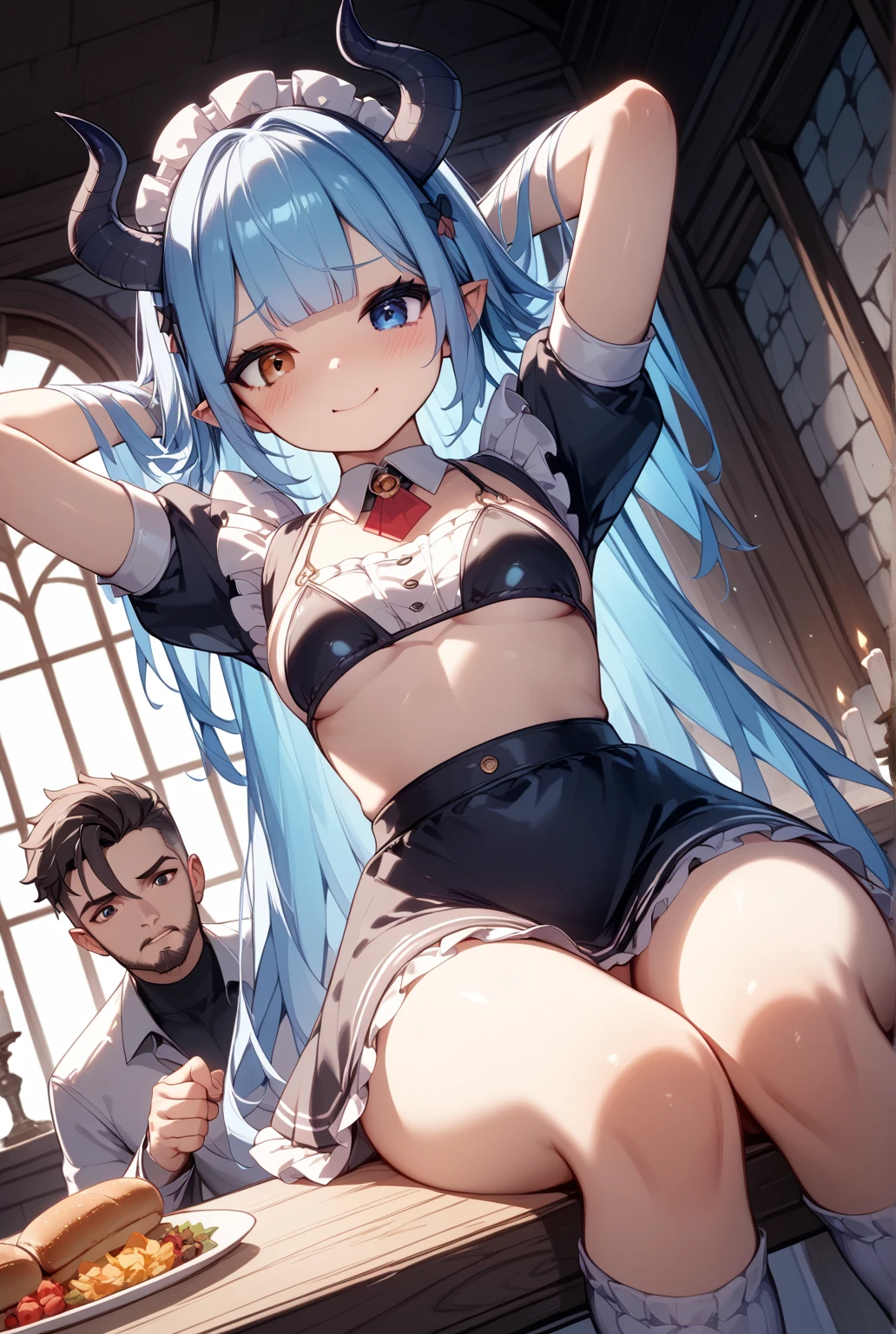NSFW,masterpiece,Highest quality,High resolution,Super detailed,Star Town Suisei\(Hololive\),Blue Hair,One Side Ponytail,Blue Eyes,Small breasts,White leotard,High leg,Removable sleeves,Micro Mini Skirt,garter belt,belly button,Adventurer's Guild,Reception counter,Embarrassed,Expectant expression(Strong-faced men),Surrender