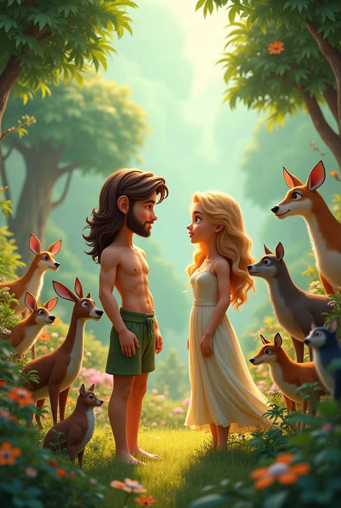 A Disney Pixar-esque image of Adam and Eve, surrounded by colorful animals and birds in the Garden of Eden 🦋🦖