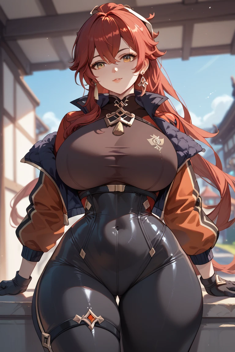 girl, White blouse, mini skirt, Black Pantyhose, white overcoat,  Are standing, Glamorous clothing, Complex clothing,, A familiar face, Brown and gold tones, In a luxurious room, window, tall building, Day、Braided Hair、I-cup breasts、Protruding chest、Protruding buttocks、Red color hair