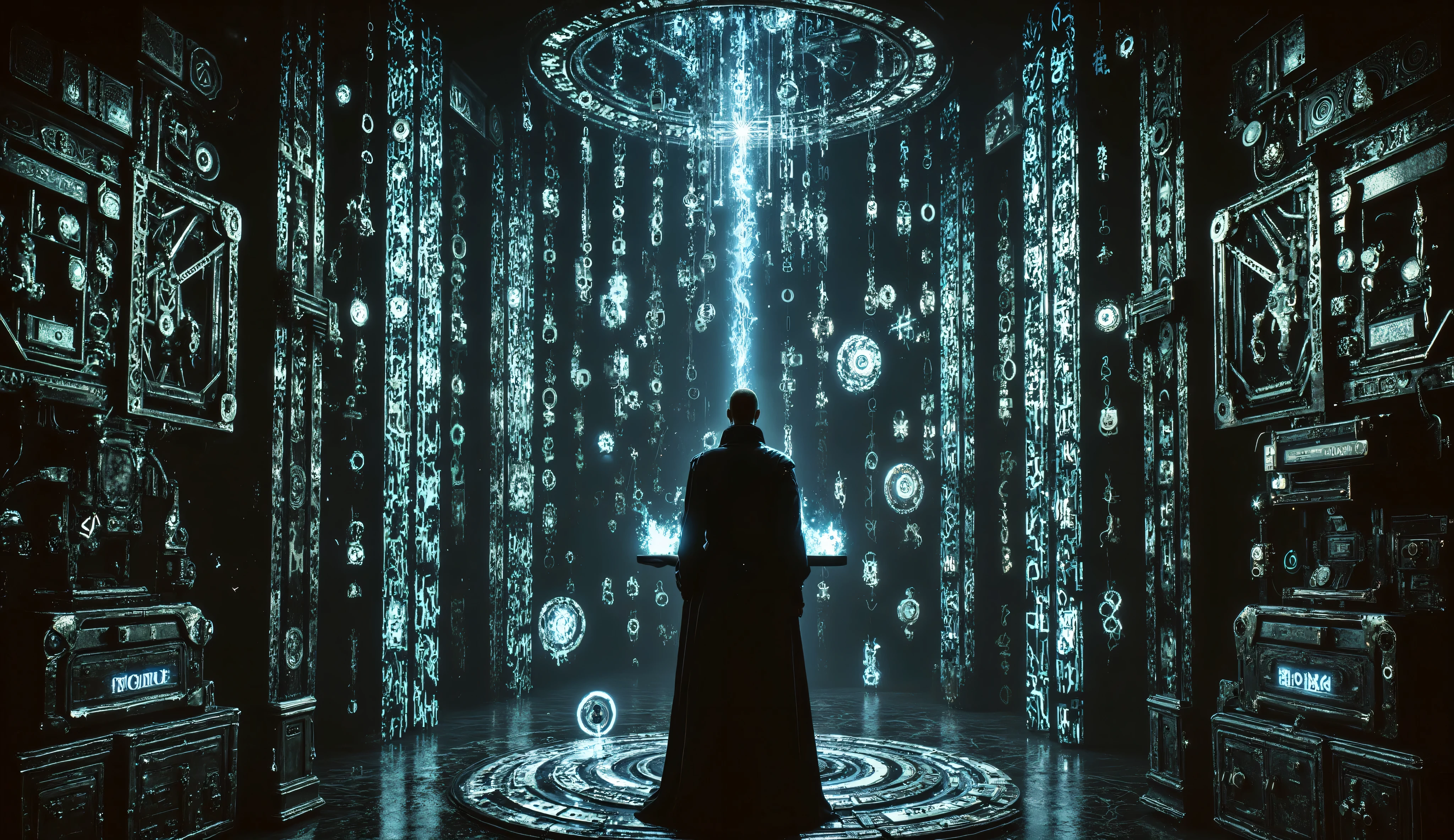 Cyber-fantasy sorcerer activating magical protocol with a floating tablet, binary code flowing from his hands, arcane holograms spinning mid-air, enchanted machinery pulsating around him, lightning bolts casting shadows through gothic glasswork, digital art in ultra high quality, by Greg Rutkowski, mystical realism.