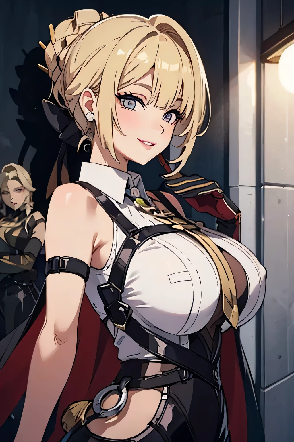 (top-quality、​masterpiece:1.2)、1girl in、Beautiful fece、Beautiful fece、styles、elegent、enticing、A sexy、Beautiful and well-groomed face、beautidful eyes、beautiful hairl、slick skin、Beautiful mouth、smooth legs、Carnal body、((Mordred))Characters of fate,Fashionable with a change of clothes、a blond、Braiding、poneyTail、One hand is on his hip、verd s eyes、red clothing、Colossal tits、Big buttocks、femele、 ((Vicious look、Vulgar smile))