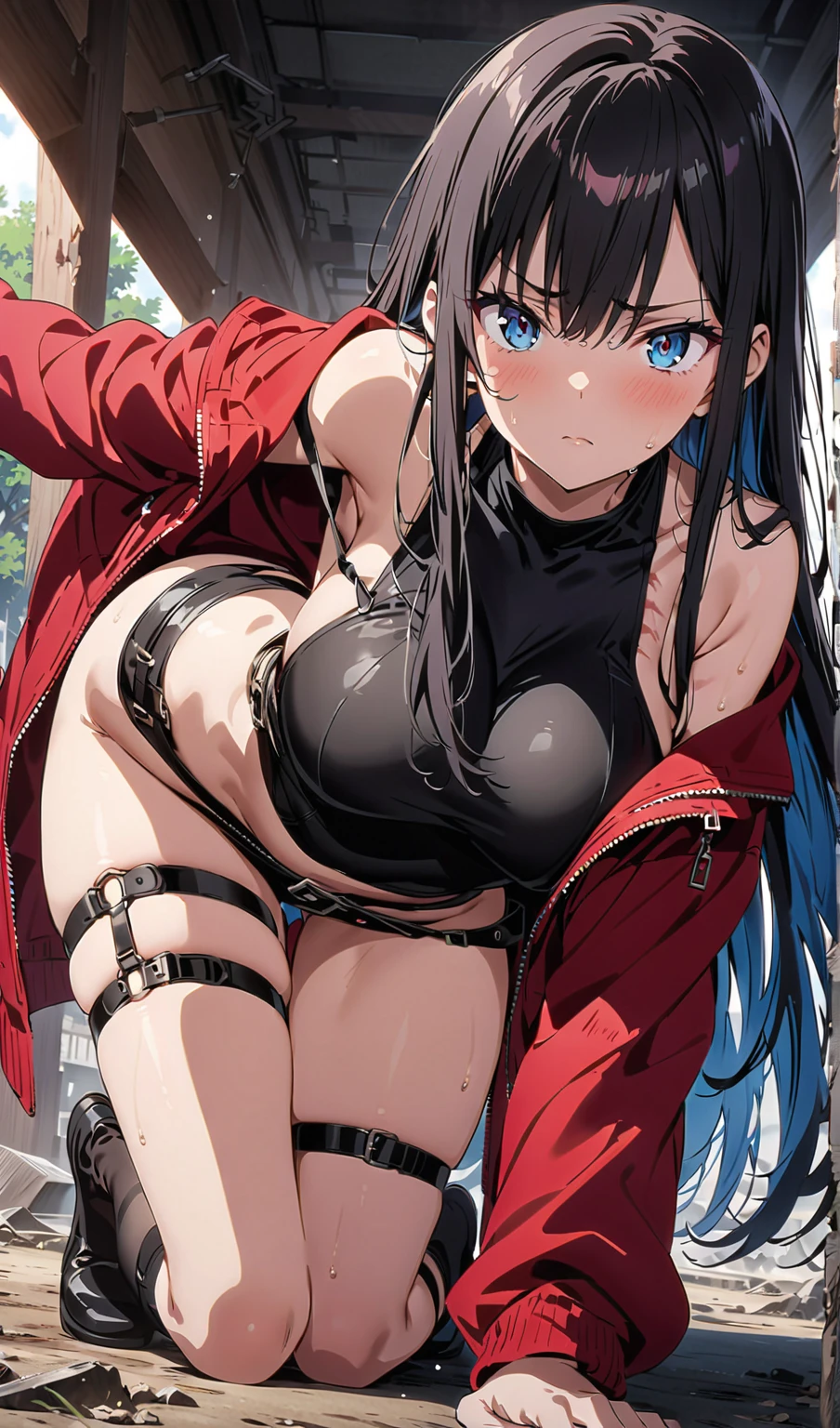 score_9、score_8_up、score_7_up、score_6_up、score_5_up、score_4_up、Bold line、anime、masterpiece、egghd 、1 female、solo、Long Hair、chest、Staring at the audience、smile、大きなchest、Black Hair、Knee socks、Long sleeve、belly button、chestの谷間、Sitting、underwear、clavicle、panties、Jacket、Side Lock、Open clothes、null、upper abdomen、cloud、Raise your hand、stomach、grinning、Raise your arms、青null、lips、黒のJacket、Crop top、between legs、黒のpanties、eyelash、No bra、High leg、suspenders、cropped legs、zipper、Arms at your sides、High collar、High legpanties、Slick back your hair、襟付きJacket、Nico Robin BREAK source_anime