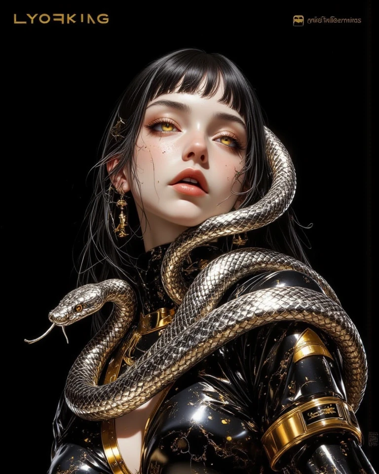 (Full body) masterpiece, 4K,8K, Ultra-detail, very fine facial features, beautiful face (detailled eyes) Greek futuristic goddess. Half woman, Half Snake (Medusa Hair), surrounded by snakes, perfect figure, perfect anatomy, Looks evil and seductive (raunchy look)