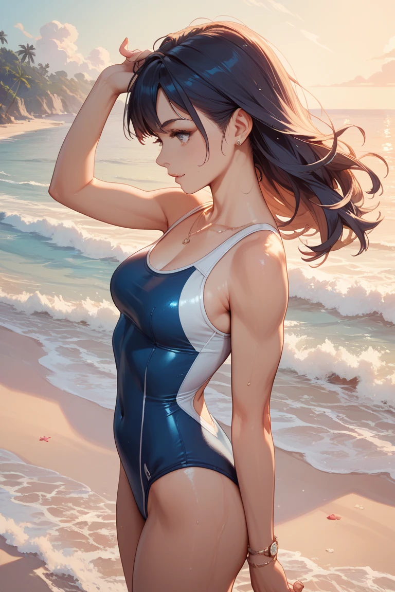 (masutepiece), (Best Quality), hyper detailed illustration,beautiful artwork,(Extreme Detail CG Unity 8K wallpaper、masterpiece、top-quality)、(exquisite lighting and shadow、highly dramatic picture、cinematic lens effects)、Young teenager girl on the beach,swim wears, 1girl in, (School swim wear:1.3), Solo, onepiece swimsuit, Outdoors, Long hair, Wet, breasts, Covered navel, skyporn, Water, Black hair, Big smile, Brown eyes, day, blush, Small breasts, Bangs, Sunlight, Blue one-piece swimsuit,(Wet:1.2),(Water splash:1.1),Open mouth,(straggling hair:1.2), Dramatic Horizon,(sunlight shining),(Ponytail:1.2),(The swimsuit is wet),(Strong sunshine:1.1),(Lens Flare:1.2),(Tsurime:1.2),Head tilt, information,Correct hand,Correct fingers,(From Side:1.2),(Sweat),