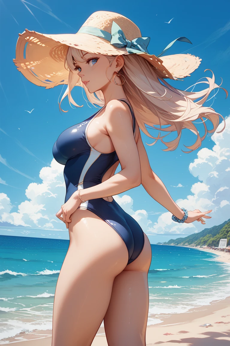Wearing a swimsuit Holding a gun