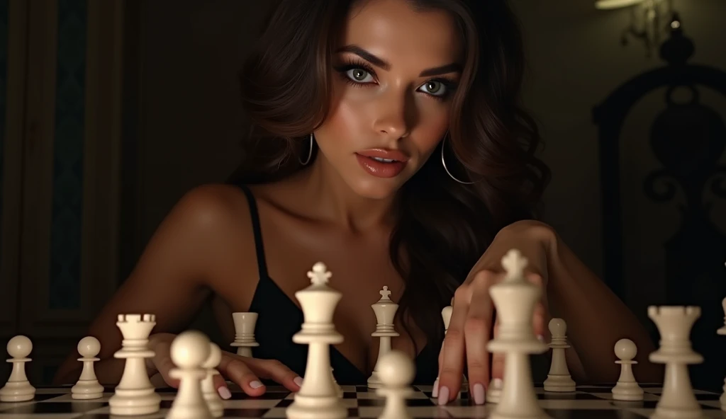 Aerial view, giant chess pieces statue, sci-fi outdoor maze background. Matrix style, at night, dark sky. (1girl, solo), photo realistic, large-breast:1.2 slim:0.9 body, cleavage:1.2, tube top, miniskirt, (matrix style black sunglasses), (holding a mini:1.1 stun gun), half-body thigh level medium shot, cinematic lighting, ray tracing.