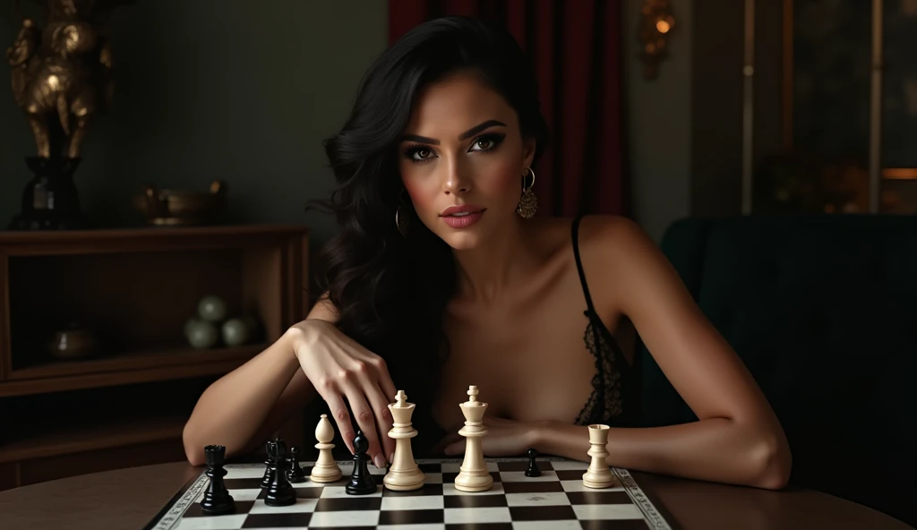 a picture of a woman winning chess game, a beautiful woman ((full body shot: 1.5)), ((anatomically correct: 1.5)) (ultra detailed face: 1.4), dynamic skin complexion, dynamic hair style, dynamic hair color, winning a chess game at chess tournament, she is dressed in elegant dress, intricate dress, dynamic color dress, dynamic style dress, wearing high heels, a look of satisfaction, a look of victory, a look of overcoming great obstacle, chess tournament background,  vibrant, Ultra-high resolution, High Contrast, (masterpiece:1.5), highest quality, Best aesthetics), best details, best quality, highres, 16k, [ultra detailed], masterpiece, best quality, (extremely detailed), Cinematic Hollywood Film style