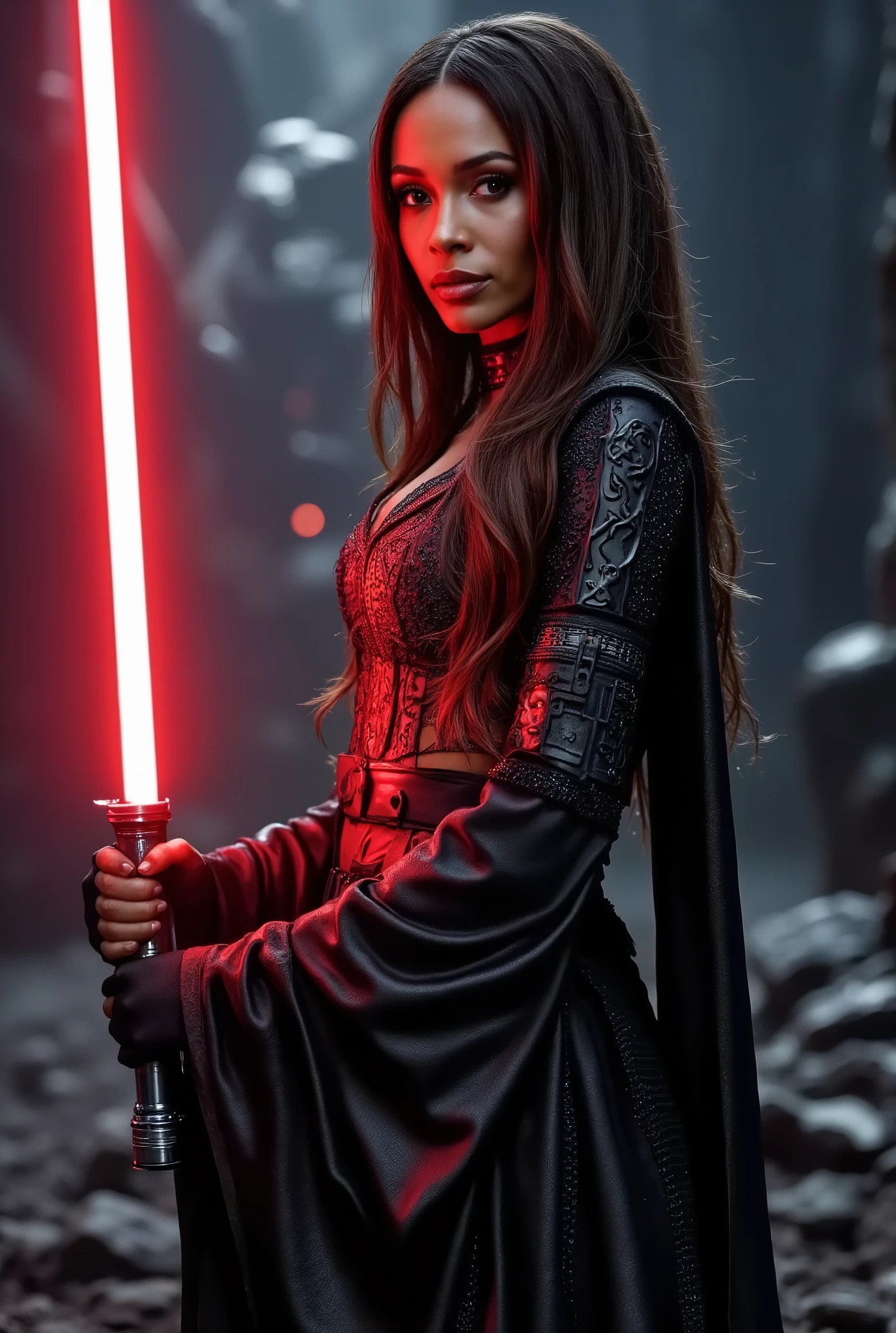 full body shot, female warrior, sith lord, star wars, red lightsaber, intricate details,beautiful detailed eyes, beautiful detailed lips, extremely detailed face, long eyelashes, evil look, diabolic, dramatic lighting, dark fantasy, chiaroscuro, cinematic composition, dramatic pose, dynamic action, moody atmosphere, deep shadows, vibrant colors, photorealistic, 8k, masterpiece