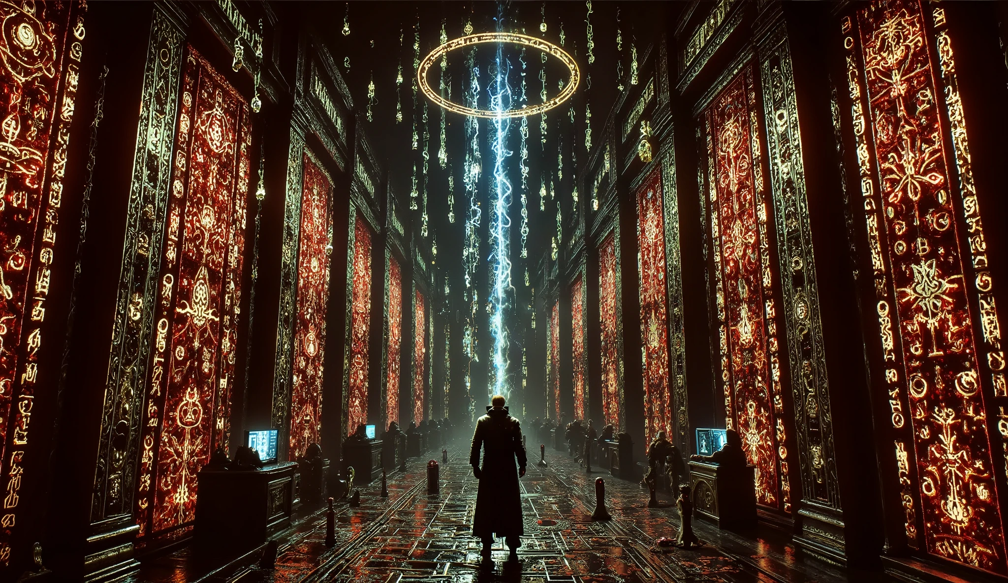 Ancient-tech wizard channeling power from a levitating digital tablet, surrounded by orbiting runes and enchanted circuits, glowing binary streams and magical glyphs filling the air, lightning flaring outside vibrant stained glass, cyber-fantasy concept painting, deep reds and electric blues, ultra-detailed, high-quality render.