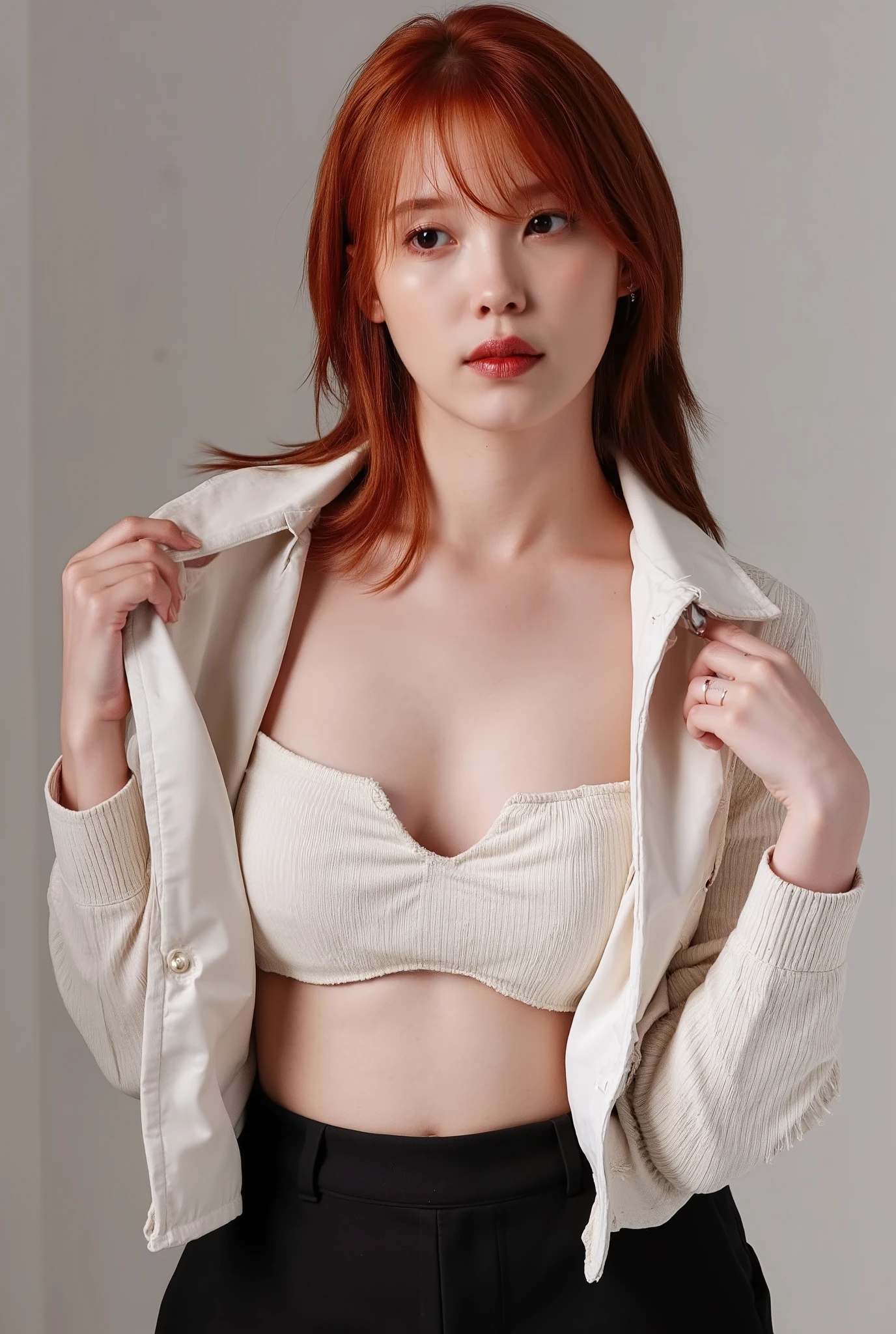 Generate an alluring and vibrant AI artwork featuring A beautiful woman, wearing black hotpants and bra, pale skin, smooth pale skin, skin tune red, perfect body, detailed body, cute face, orange hair, ponytail hair, top quality