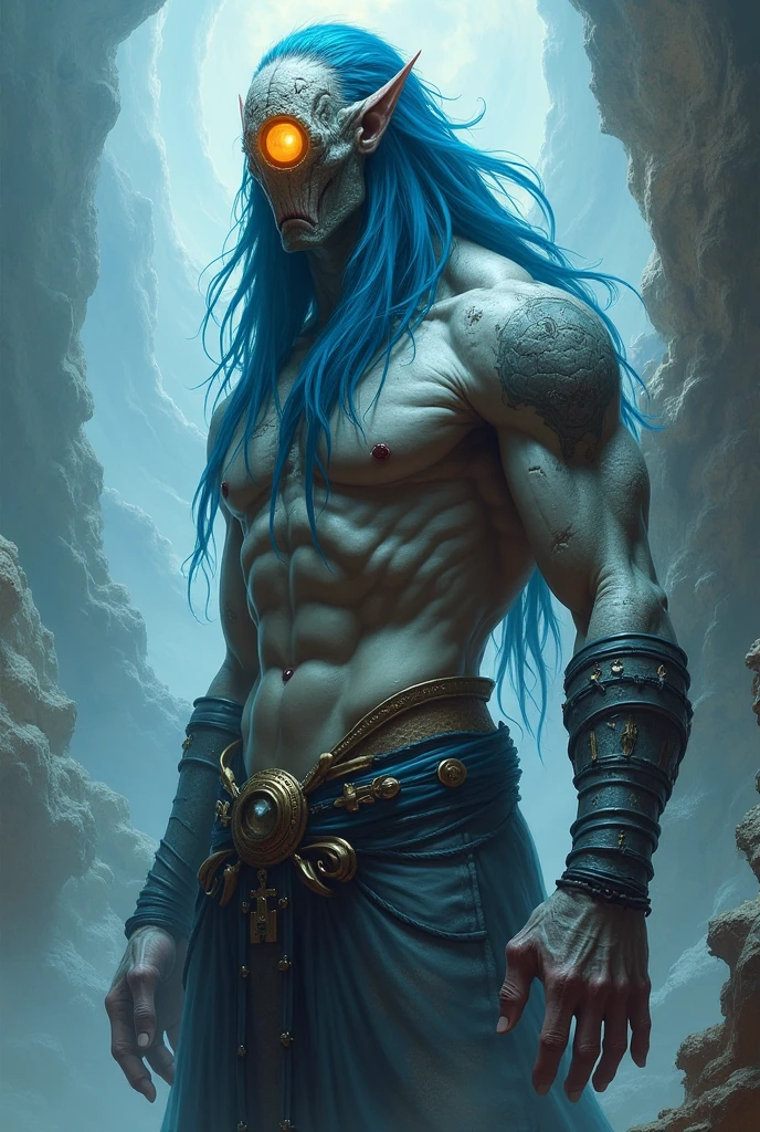A young handsome male barbarian. Pale skin. Shining green eyes. A black mohawk with dreadlocks. Soft facial features. Curved lips. A big scar on the left cheek. A big scar over his body. Wearing barbarian pants. In a grim and dark canyon. Cloudy day.