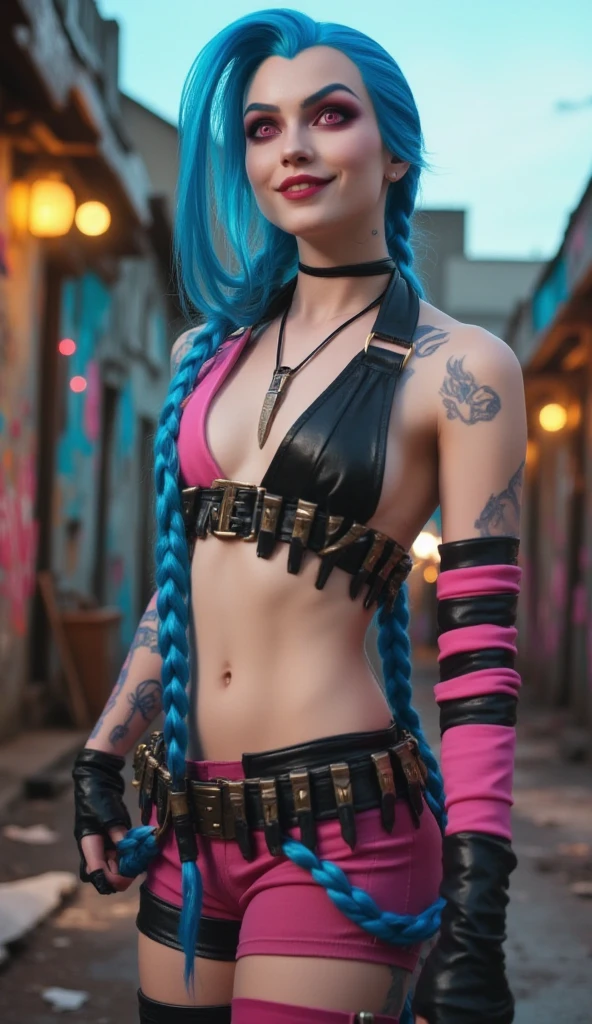 Hyper realistic super detailed Jinx cosplay , Very detailed, (hyper realistic: 1.4), in dynamic pose, angry face, twin braids, long hair, blue hair, red eyes, blue tattoo on right arm, wearing a Jinx costume, arcane style. 