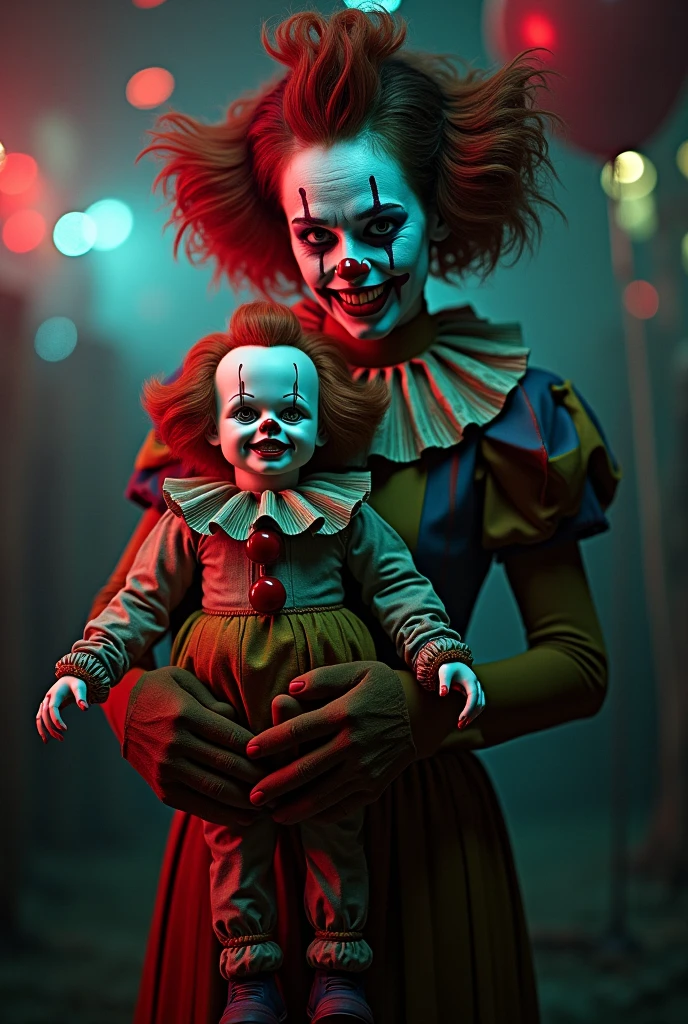 a clown girl playing with childrens in the garden so realistic photographic blurred