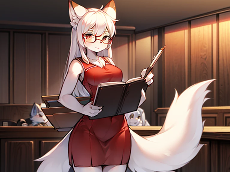 art by shitakemeshi, (((best quality))), ((ray tracing)), solo, standing, adult girl, ((furry)), (white fox), (snow-white fur), body fur, (fluffy tail), smile, on street,