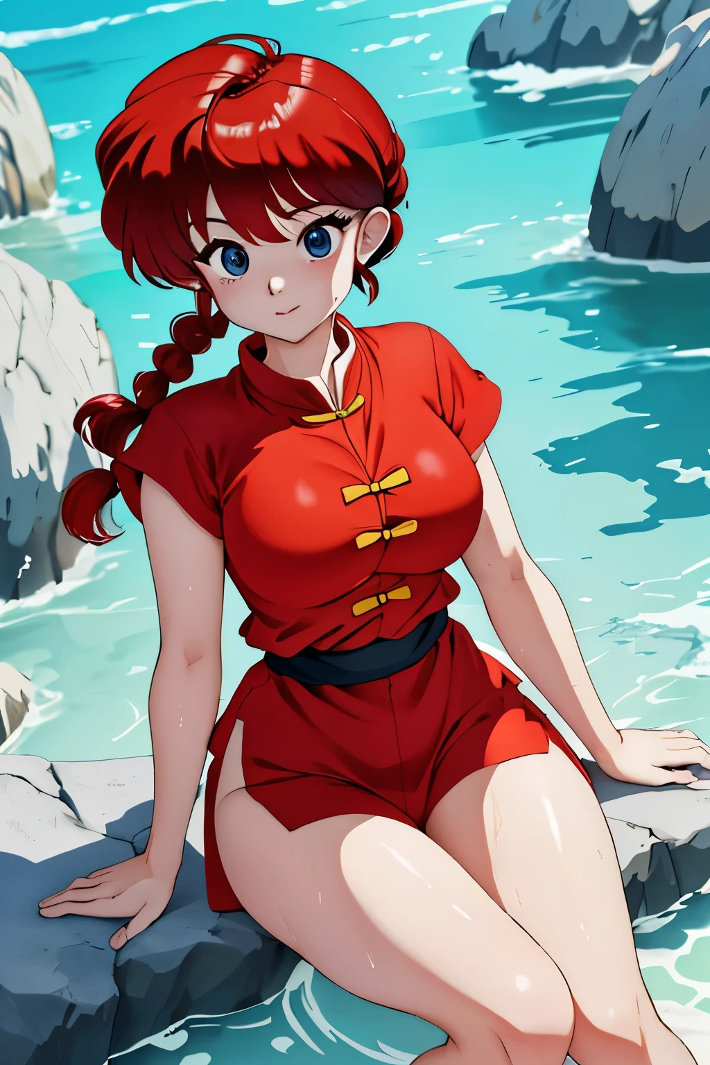 (8K, RAW photo, better quality, masterpiece:1.2), ranma chan, Ranma Red Shirt , soft smile, wet drip